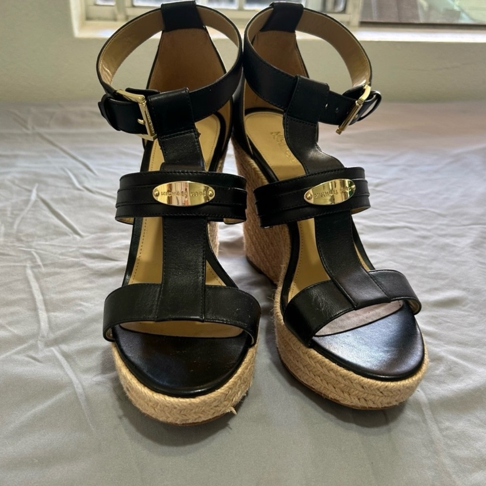 Michael Kors Black and Tan Wedge Sandals